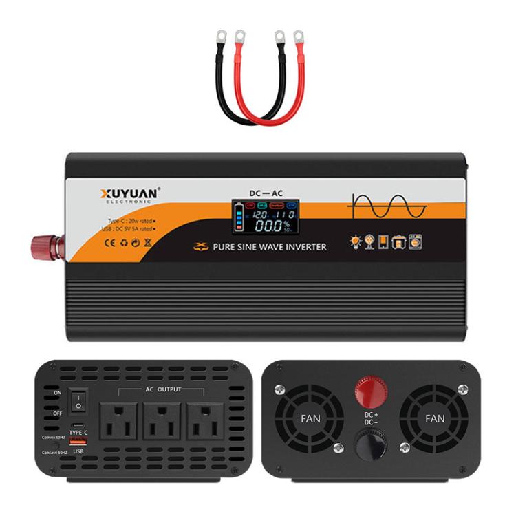 XUYUAN 12V / 24V To 110V Pure Sine Wave Inverter Power Inverter US Plug — 3600W Black