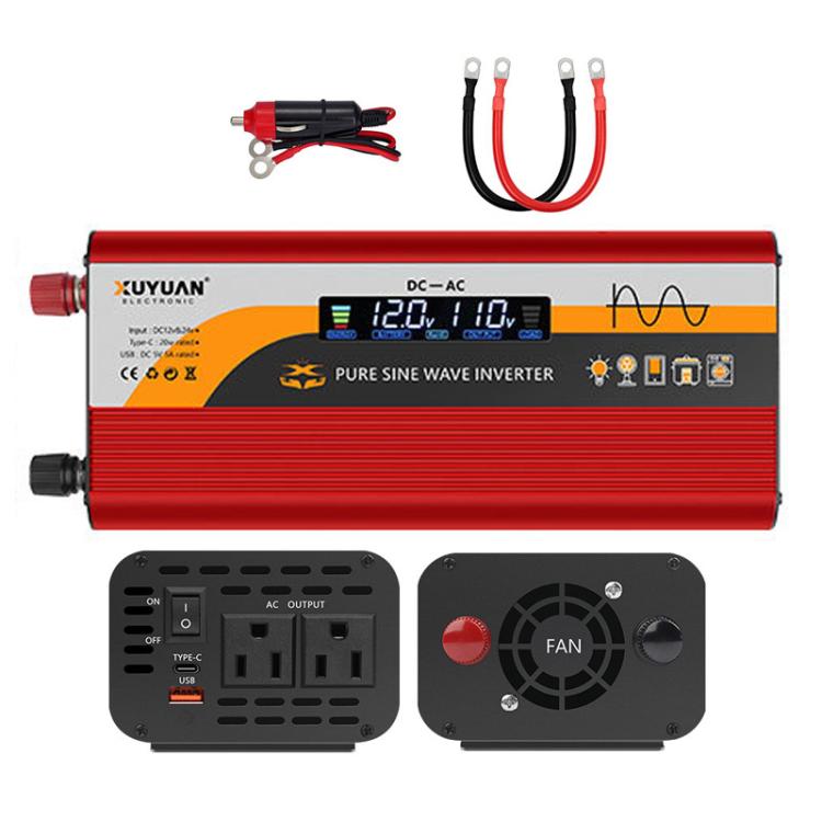 XUYUAN 12V / 24V To 110V Pure Sine Wave Inverter Power Inverter US Plug — 1400W Red