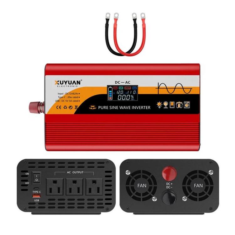 XUYUAN 12V / 24V To 110V Pure Sine Wave Inverter Power Inverter US Plug — 2000W Red