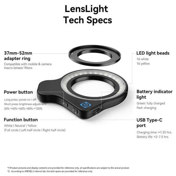 APEXEL HB100 Ultra Macro Lens & FL26 Fill Light Combo for Smartphones Close-Up Photography Kit