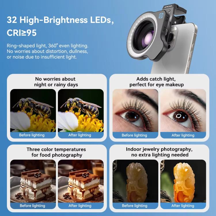 APEXEL HB100 Ultra Macro Lens & FL26 Fill Light Combo for Smartphones Close-Up Photography Kit