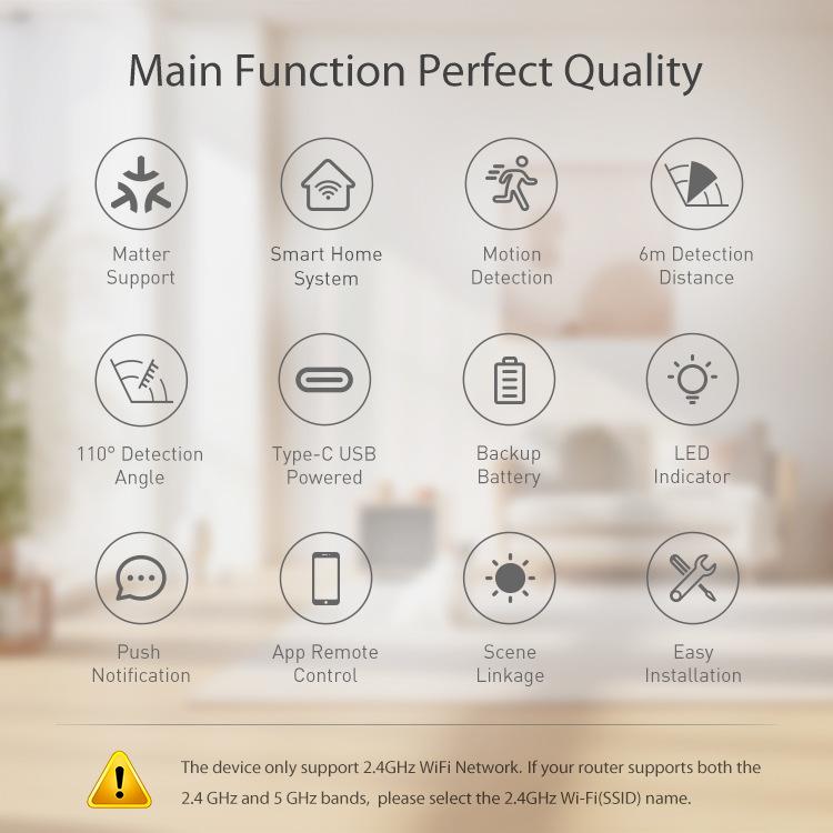 Matter Thread USB-C Power PIR Motion Sensor Smart Home System Compatible With Tuya App Remote Control