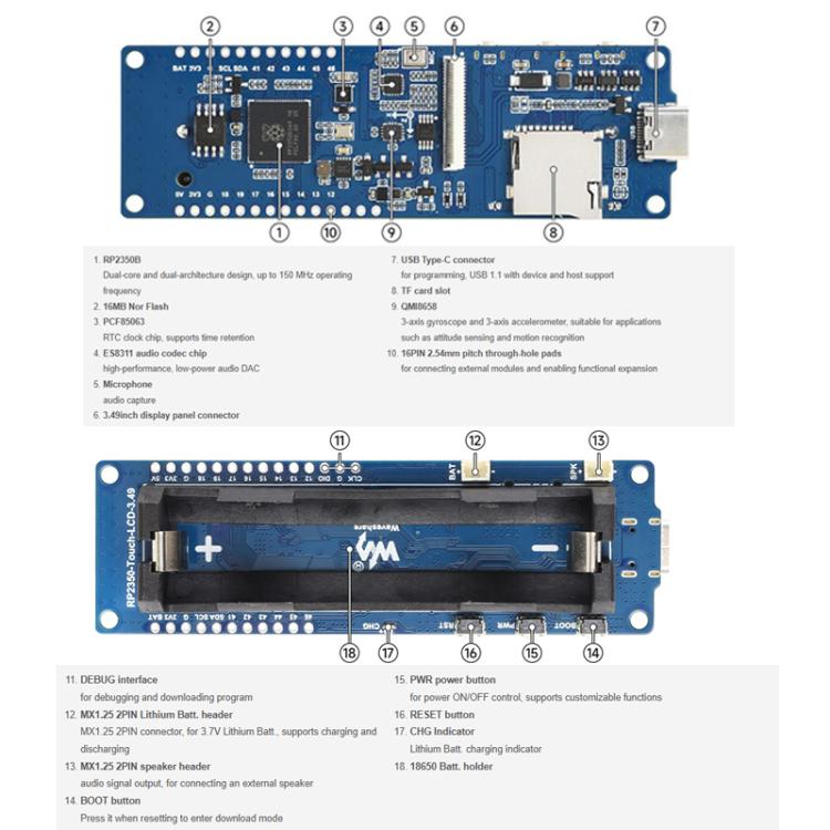 WAVESHARE 3.49 Nch Capacitive Touch Display RP2350 High Performance Development Board 172 X 640 Dual Core Dual Architecture