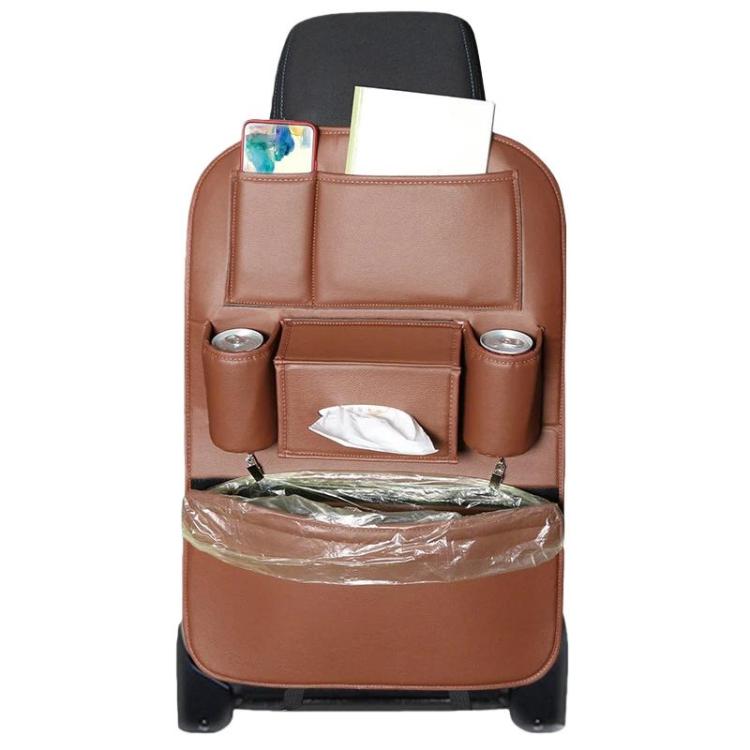 1109 Car Seat Back Leather Storage Organizer Vehicle-Mounted Hanging Trash Bag — Beige