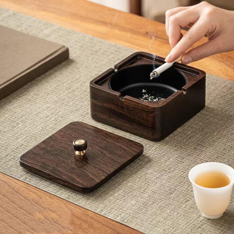 Magnetic Solid Wood Metal Ashtray Ash-Proof and Dust-Proof Design — Black Walnut Square