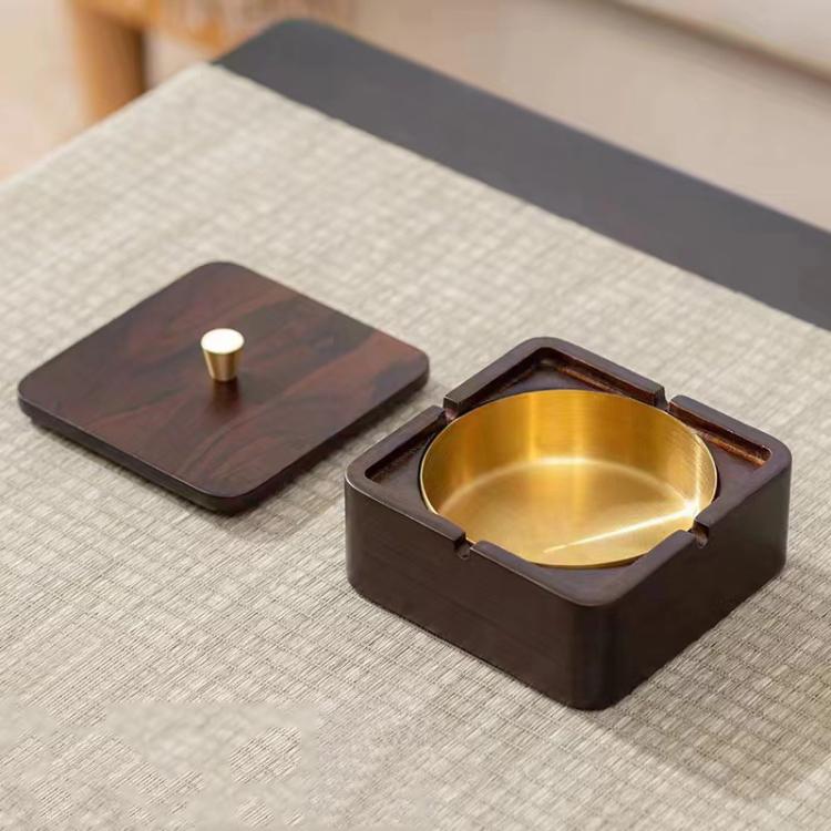 Magnetic Solid Wood Metal Ashtray Ash-Proof and Dust-Proof Design — Ebony Wood Square