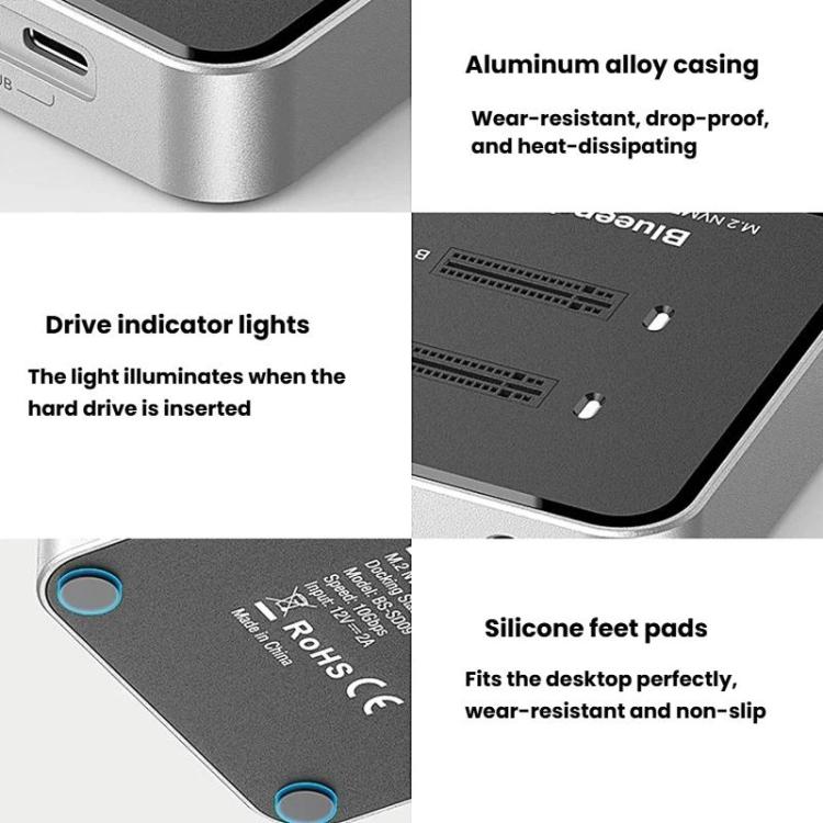 Blueendless SD09 Dual-Bay M.2 Dual-Protocol Drive Enclosure NVMe/SATA SSD Case — view 13