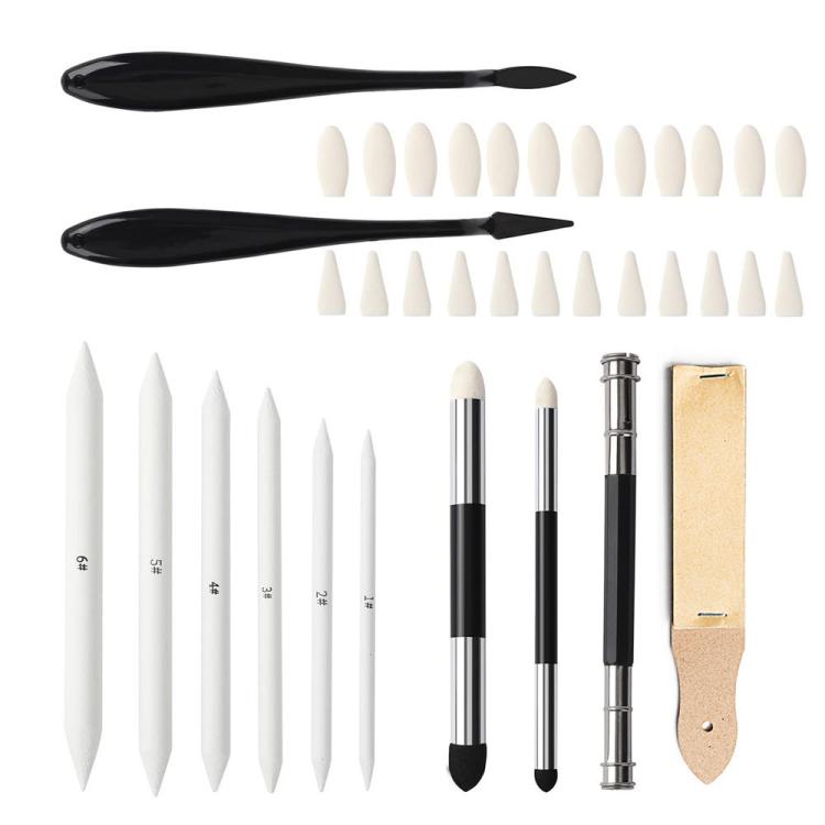 Sketch Drawing Set Blending Stumps Tortillons & Sponge Tools with 24 Replaceable Tips, 36 In 1