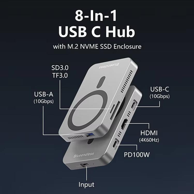 8 In 1 Magnetic Dock NVMe SSD Enclosure USB 3.2 Hub — view 3