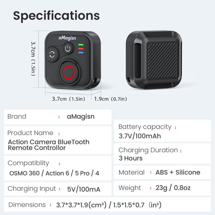 aMagisn Bluetooth Remote Shutter for DJI Osmo Action 6/Action 5 Pro/Action 4/Osmo 360