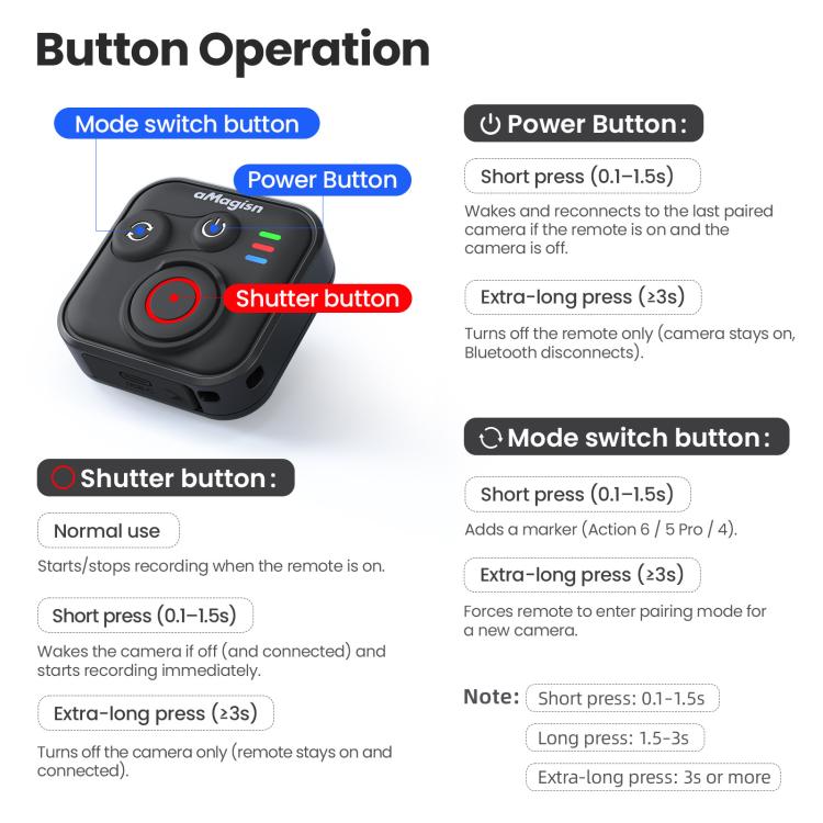 aMagisn Bluetooth Remote Shutter for DJI Osmo Action 6/Action 5 Pro/Action 4/Osmo 360