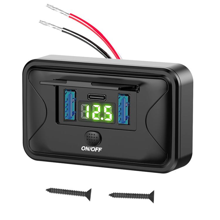 One To Three Car Fast Charger With Built-in Voltage Display With Waterproof Cover — Red Light