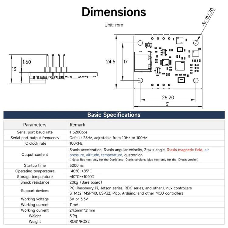 IMU Sensor Module AHRS Support ROS1 ROS2 for Jetson Raspberry Pi
