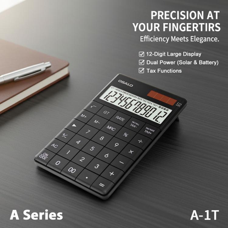 OSALO A-1T Tax Calculator with 12-Digit Display, Flip-Up Stand & Solar/ Button Battery Dual Power — A-1T