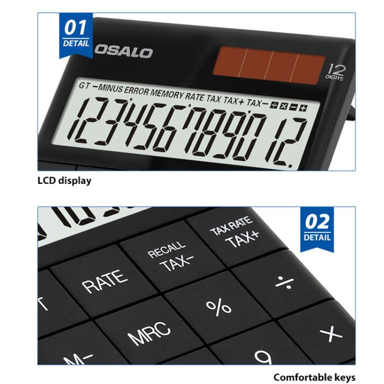 OSALO A-1T Tax Calculator with 12-Digit Display, Flip-Up Stand & Solar/ Button Battery Dual Power — view 7