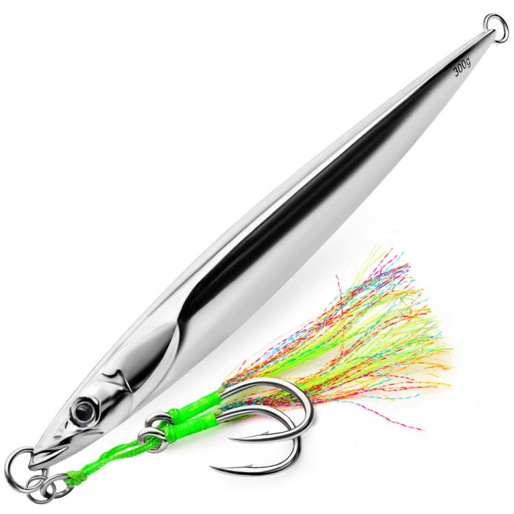 PROBEROS LF169 Vertical Jigging Lure with Double Assist Hooks Saltwater Metal Jig with Feathers Shining Mackerel Sinking Bait — 180g