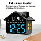 House-Shaped Digital Alarm Clock with Night Light Dual Alarms & Timer Function, 4-Level Brightness — GH9033 Black+Yellow Light