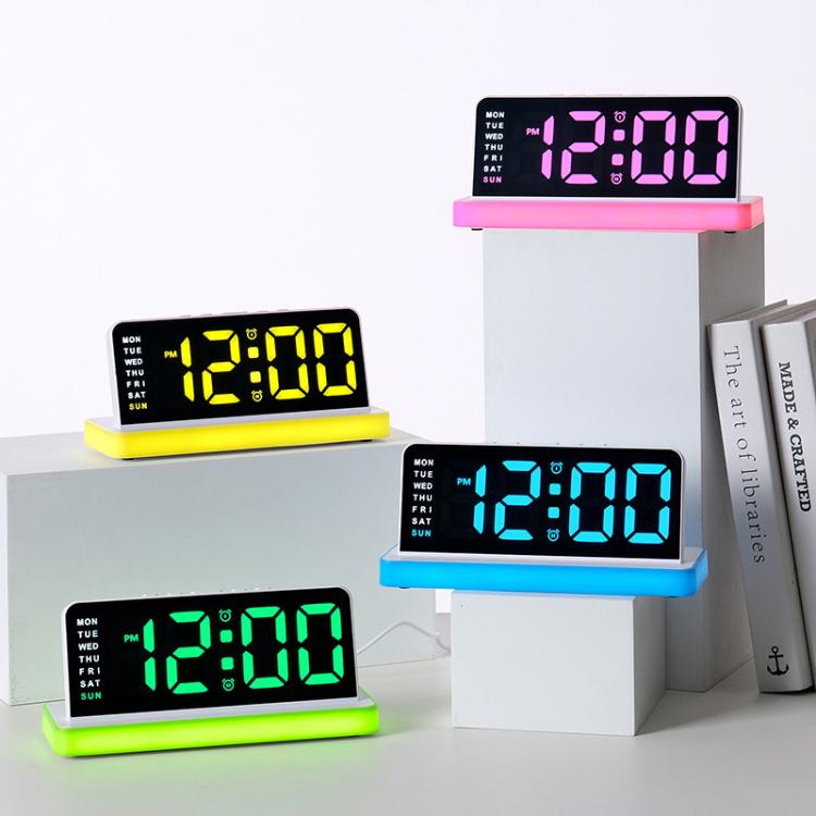 Large Display LED Digital Alarm Clock Mirror Desktop Clock with Atmosphere Night Light, Adjustable Brightness — White Yellow