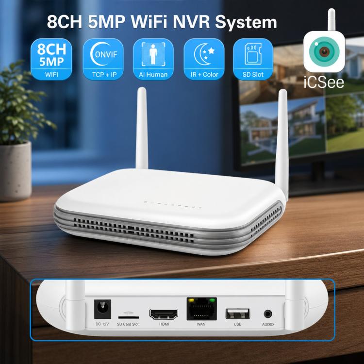 8CH Wireless NVR System For Security Cameras 5MP/3MP WiFi Network Video Recorder Support 2.5-Inch HDD & TF Card