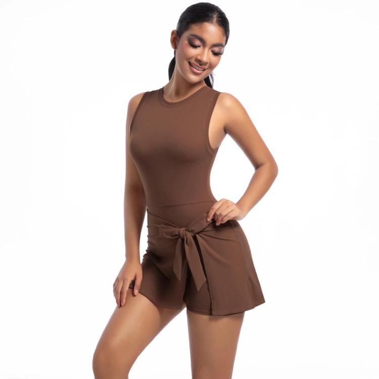 Anti-Exposure Tennis Skirt Bodysuit Breathable Fitness Yoga Wear — Chestnut