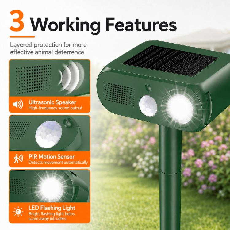 Solar Animal Repeller Outdoor Ultrasonic Cat Deterrent Yard with PIR Motion Sensor 4 Modes Ultrasonic Bird Deterrent Garden Dog Repeller with LED Flashing Light — view 3