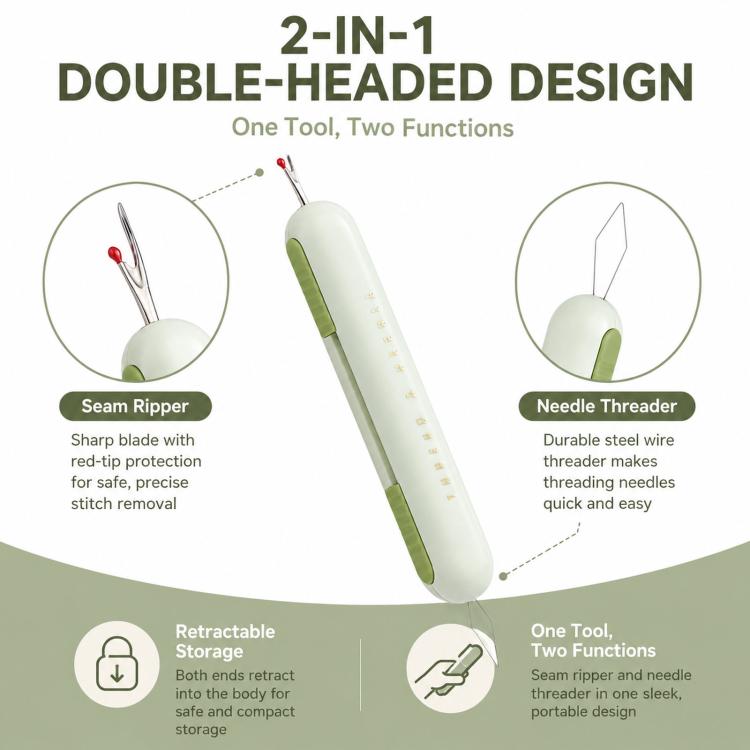 2-in-1 Seam Ripper and Needle Threader, Retractable Stitch Remover Tool for Hand Sewing, Double-Headed Threader & Seam Cutter — view 3