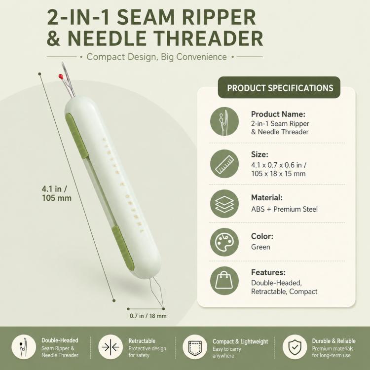 2-in-1 Seam Ripper and Needle Threader, Retractable Stitch Remover Tool for Hand Sewing, Double-Headed Threader & Seam Cutter — view 8