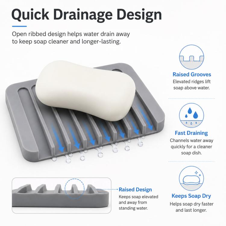 Silicone Soap Dish Self-Draining Bar Soap Holder Flexible Unbreakable Soap Saver Tray for Bathroom Shower, Bathtub and Kitchen Sink — view 3