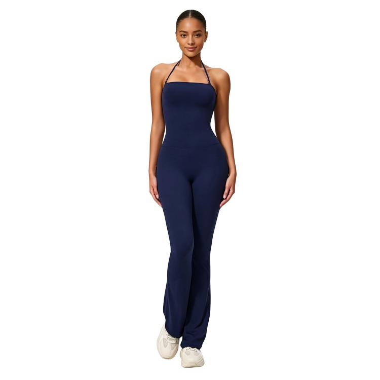 Hip-Lift Halter One-Piece Yoga Jumpsuit, Women Casual Flared Fitness Yoga Outfit — Coffee
