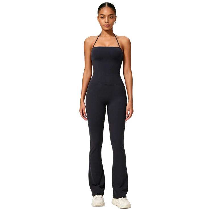 Hip-Lift Halter One-Piece Yoga Jumpsuit, Women Casual Flared Fitness Yoga Outfit — L