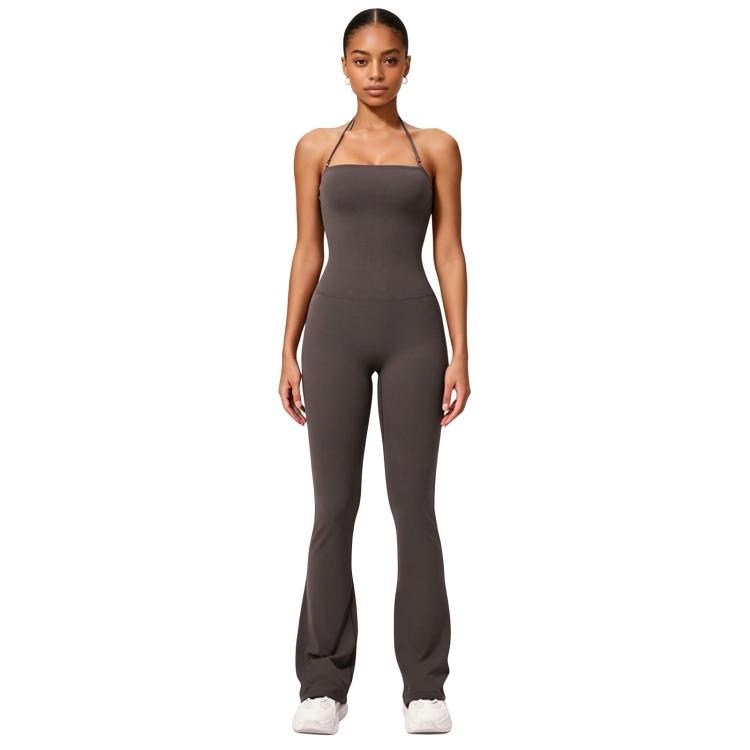 Hip-Lift Halter One-Piece Yoga Jumpsuit, Women Casual Flared Fitness Yoga Outfit — Pink