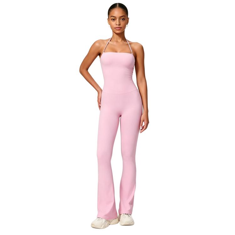 Hip-Lift Halter One-Piece Yoga Jumpsuit, Women Casual Flared Fitness Yoga Outfit — Beige