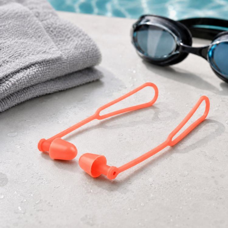 Waterproof Silicone Swimming Earplugs For Men & Women, Shower & Swim Earplugs With Cord — Orange