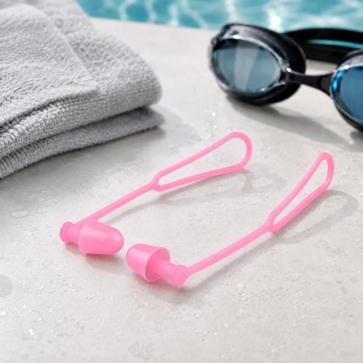 Waterproof Silicone Swimming Earplugs For Men & Women, Shower & Swim Earplugs With Cord — Pink