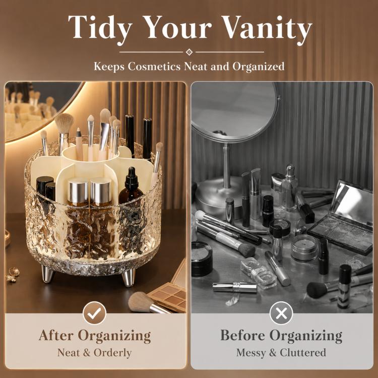 360-degree Rotating Makeup Organizer with 7 Compartments Glacial Texture Spinning Cosmetic Storage Vanity Organizer Clear Brush Holder — view 4