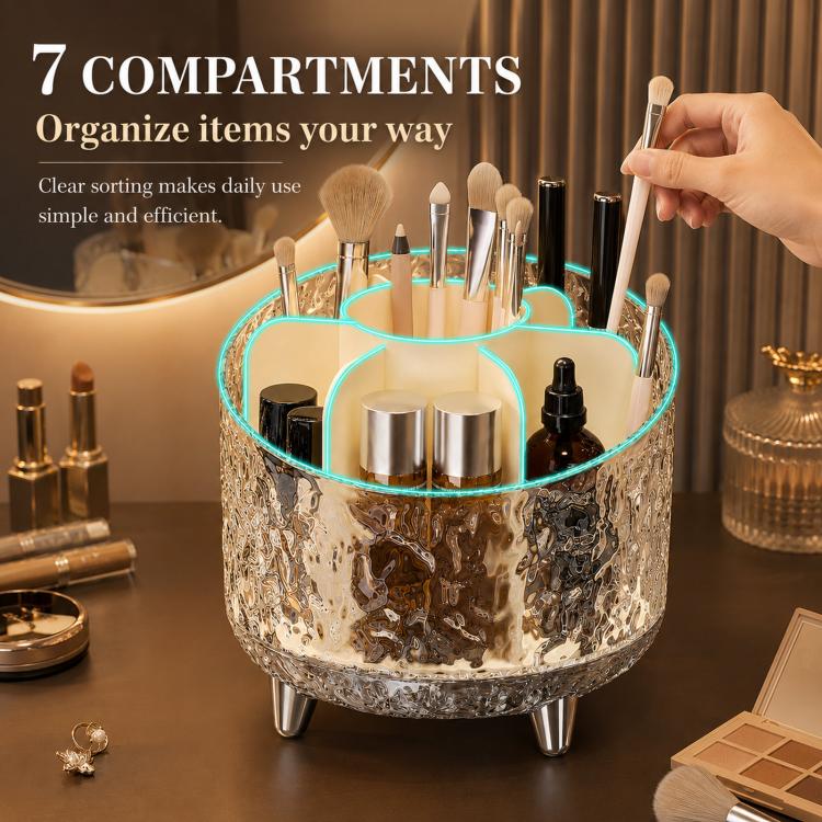 360-degree Rotating Makeup Organizer with 7 Compartments Glacial Texture Spinning Cosmetic Storage Vanity Organizer Clear Brush Holder — view 6