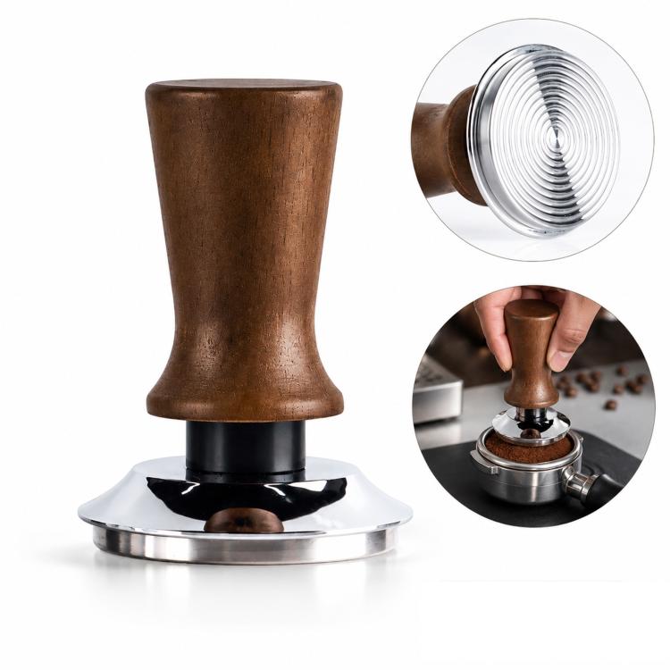 Solid Wood Handle Stainless Steel Constant Force Coffee Tamper — 53mm Threaded Bottom