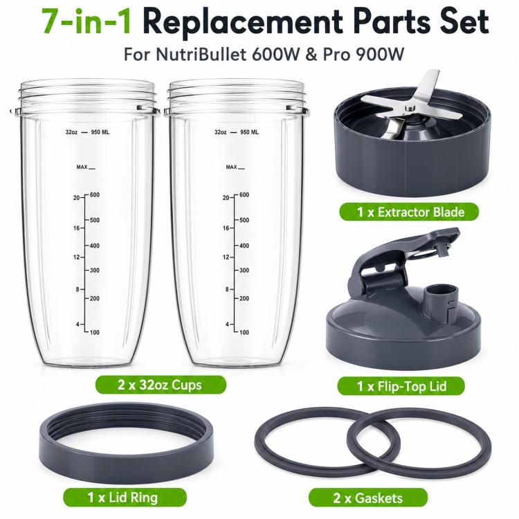 7-In-1 Replacement Parts Set For NutriBullet 600W & Pro 900W Accessory Kit With 32oz Cups, Extractor Blade, Flip-Top Lid, Lid Ring And 2 Gaskets