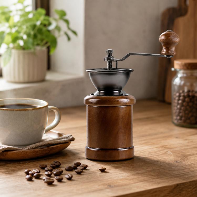 Small Portable Adjustable Hand-cranked Coffee Grinder — Oak Coffee Color