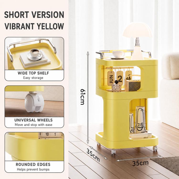 Mobile Side Table with Wheels 3-Tier Rolling Utility Cart Lockable Bedside Nightstand — Short Type Cream