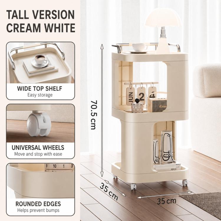 Mobile Side Table with Wheels 3-Tier Rolling Utility Cart Lockable Bedside Nightstand — Short Type Yellow