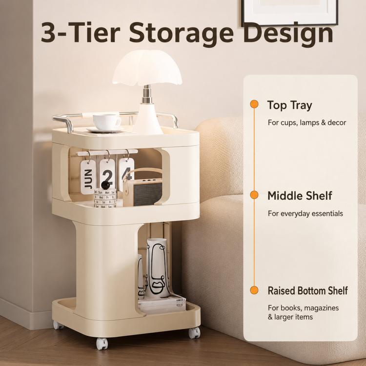 Mobile Side Table with Wheels 3-Tier Rolling Utility Cart Lockable Bedside Nightstand — Tall Type Yellow