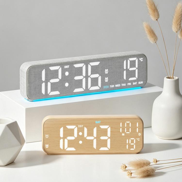 Modern LED Digital Desk Clock with Temperature Date, Silent Alarm Clock with Dual Alarm — 5802 Grey Fabric