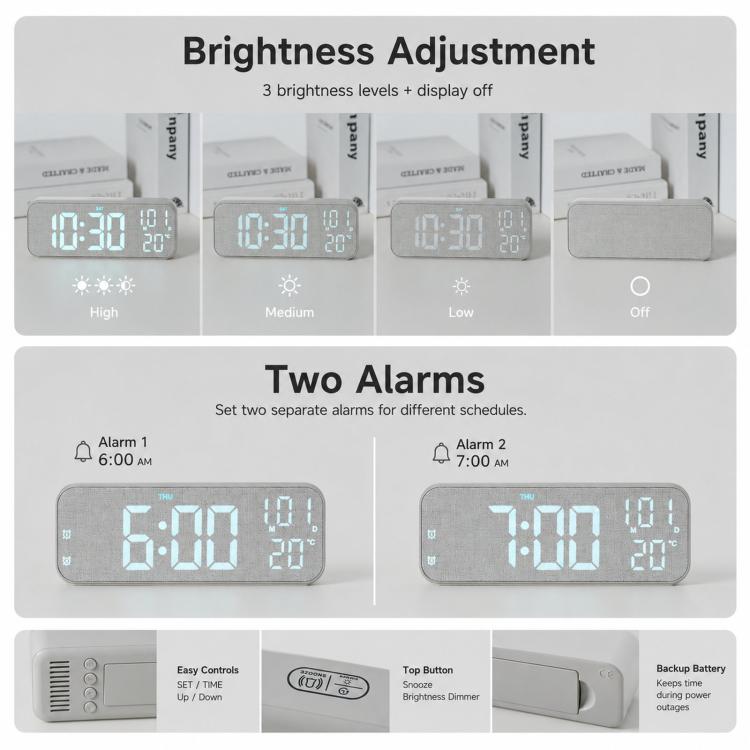 Modern LED Digital Desk Clock with Temperature Date, Silent Alarm Clock with Dual Alarm — view 8