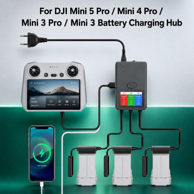 YX 3-Way Smart Charger with LCD Display For DJI Mini 5 Pro / Mini 4 Pro / Mini 3 Pro / Mini 3 Multi Battery Charging Hub