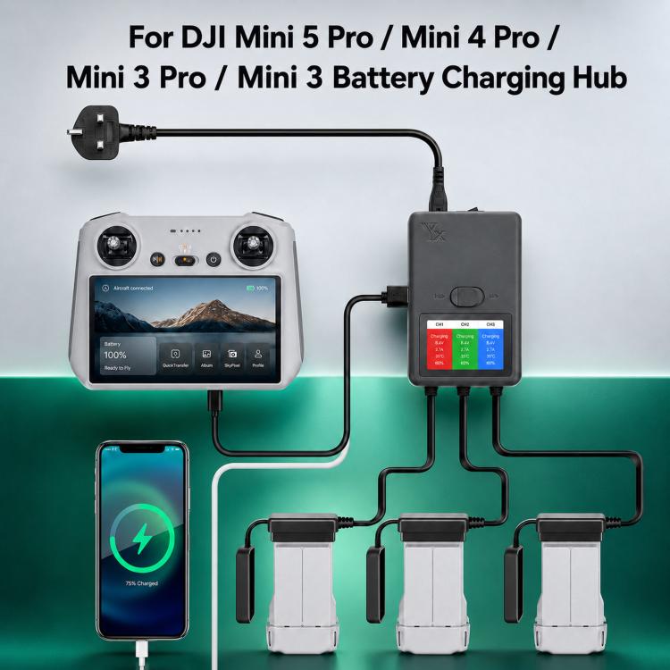 YX 3-Way Smart Charger with LCD Display For DJI Mini 5 Pro / Mini 4 Pro / Mini 3 Pro / Mini 3 Multi Battery Charging Hub
