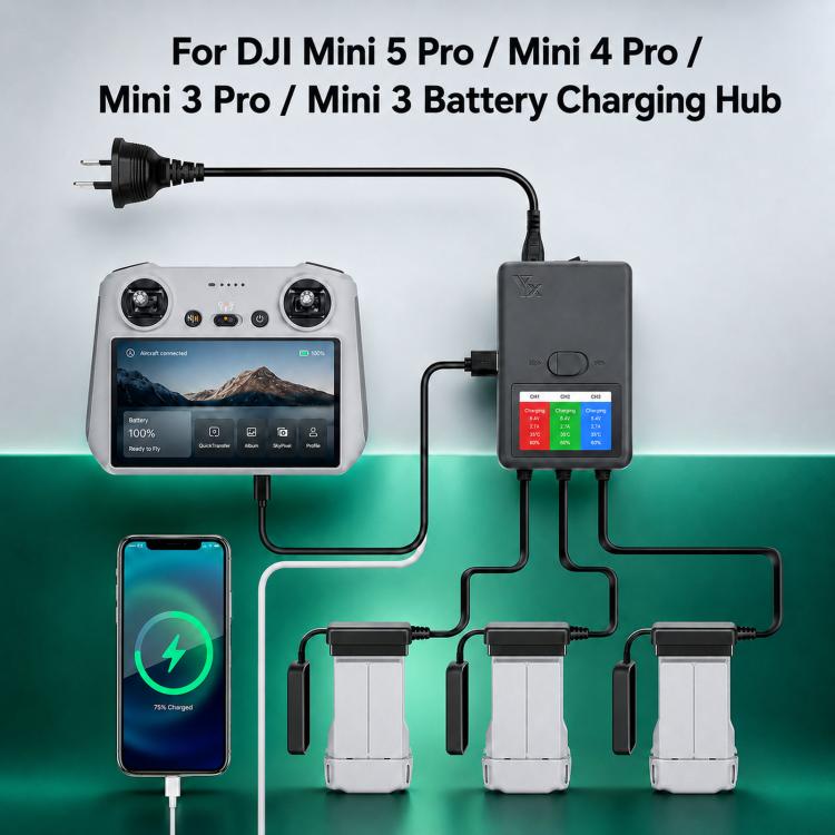 YX 3-Way Smart Charger with LCD Display For DJI Mini 5 Pro / Mini 4 Pro / Mini 3 Pro / Mini 3 Multi Battery Charging Hub