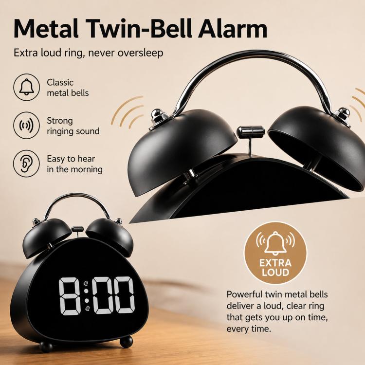 Retro Twin Bell Digital Alarm Clock Super Loud Mechanical Bell-Ringing LED Desk Clock With Backlight — view 10