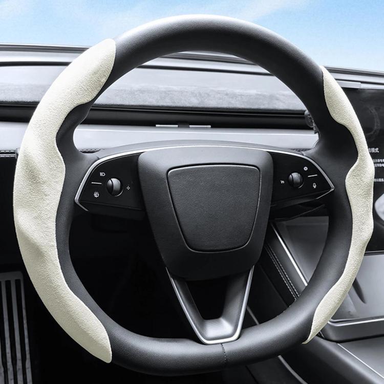 For Tesla Model Series Ultra-Thin Sweat-Wicking Steering Wheel Cover — Suede White