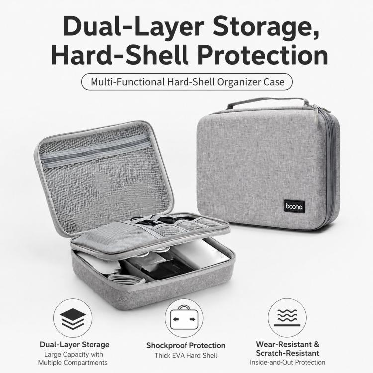 Baona BN-F029 Hard EVA Electronic Organizer Travel Case Double Layer Tech Bag — Black